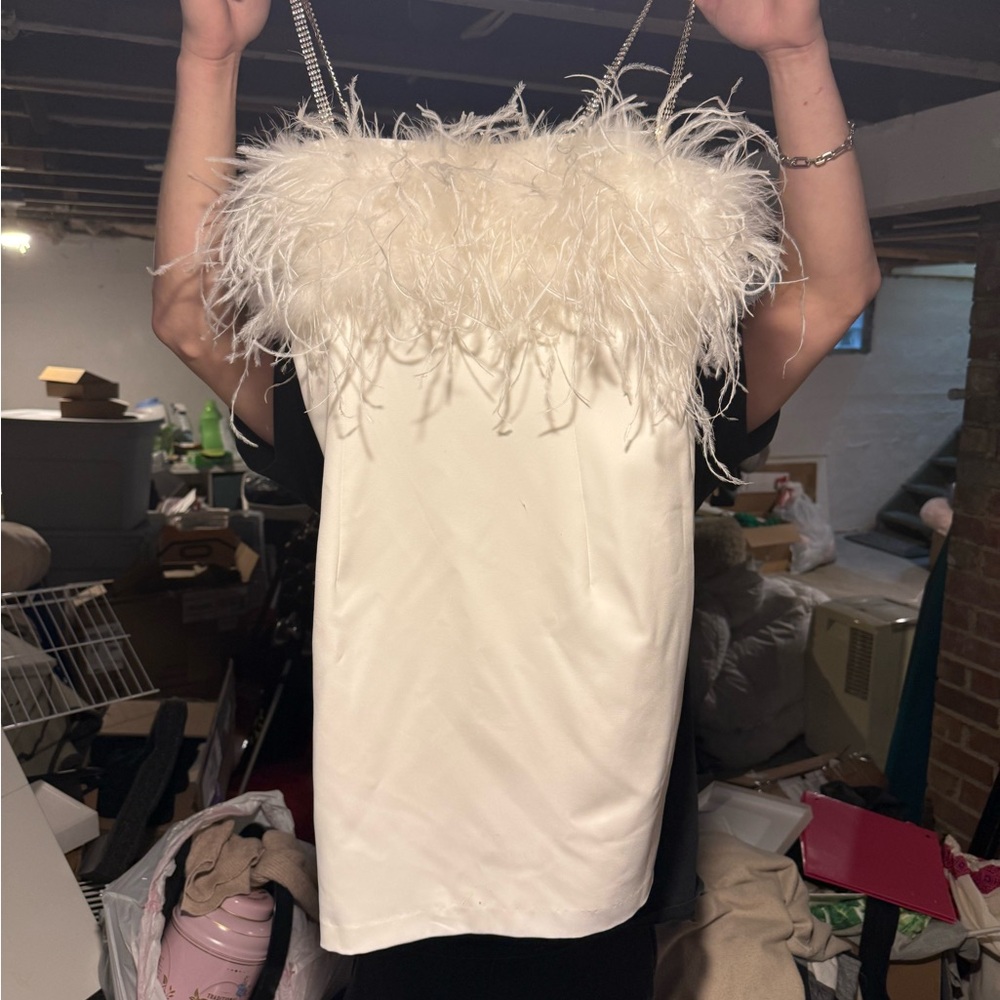 David's Bridal Cream Feathered Wedding Dress